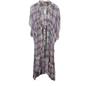 NFC Tangerine Pink Plaid Metallic Kaftan Cover Up Tassel Duster M/L